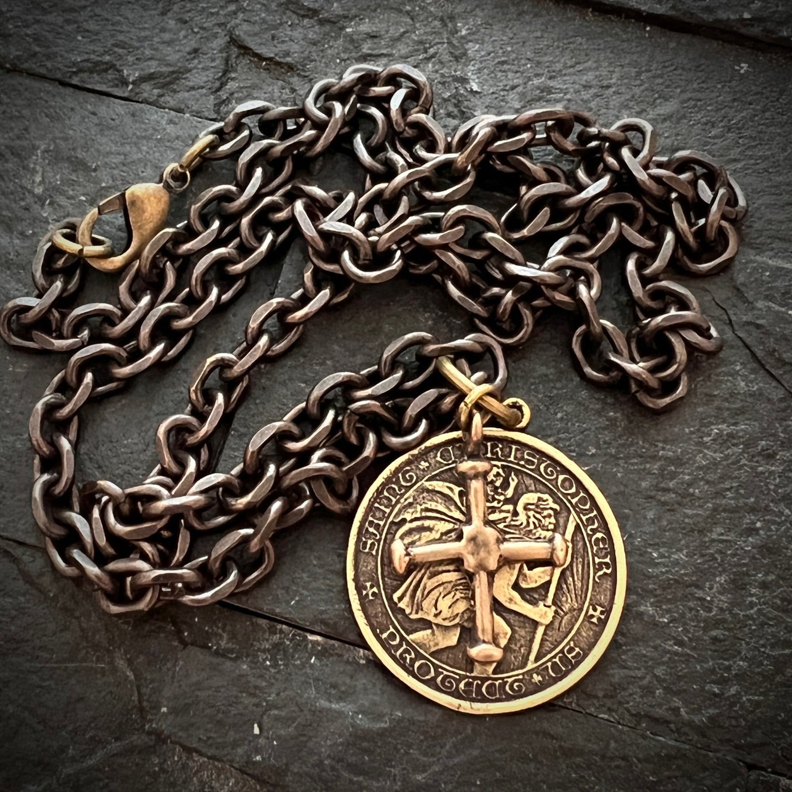St. Christopher and Cross Antiqued Brass Men's Necklace, Johnny LTD Vintage Catholic Medal and Ancient Cross, Unisex Necklace, BR-025-20