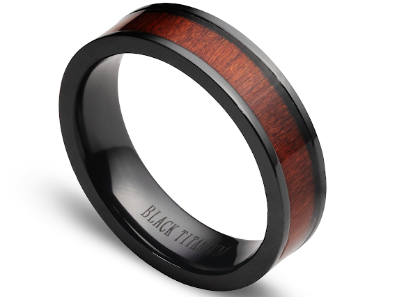 Black titanium and koa wood ring