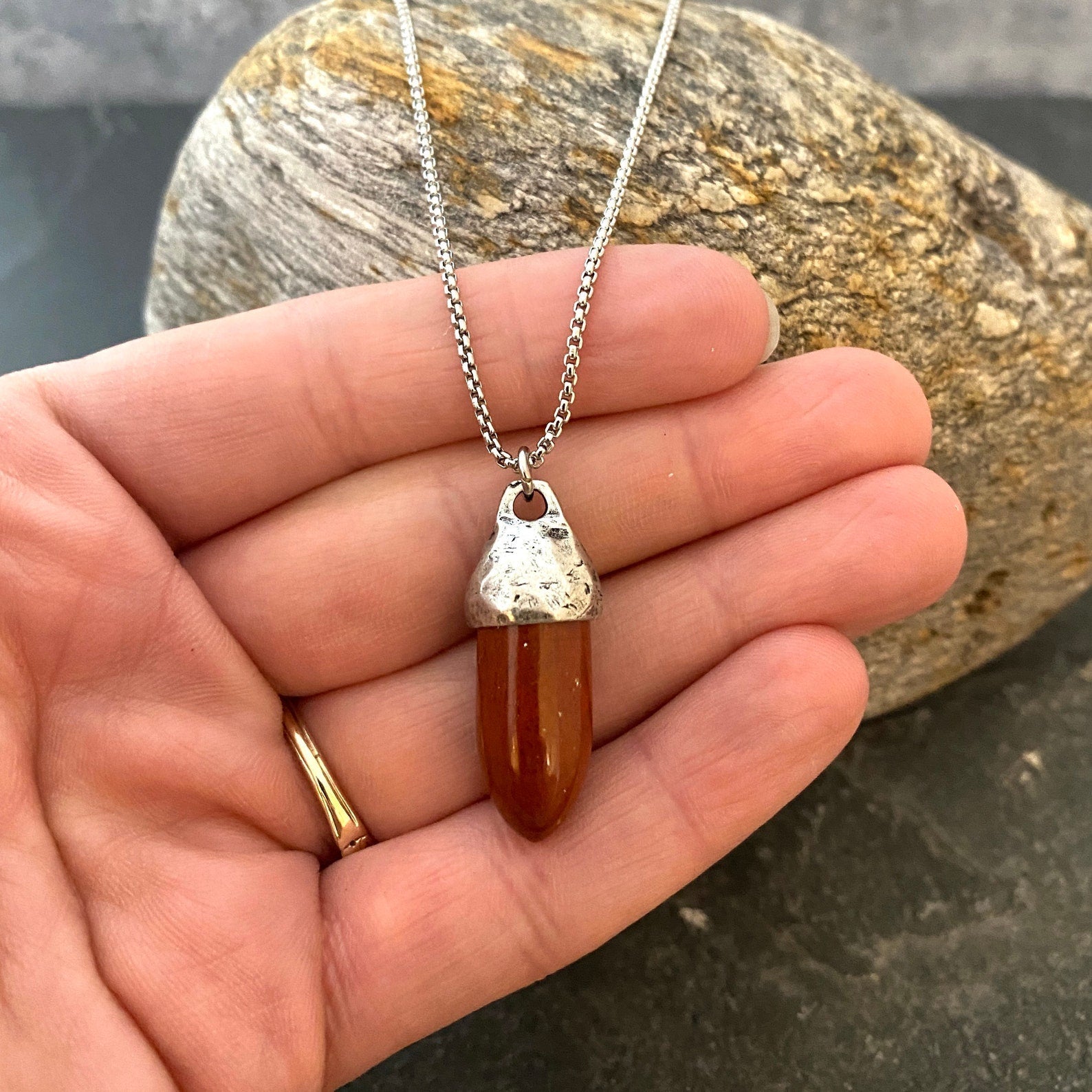 Men's Courage Necklace, Red Jasper, Unisex Gemstone, Stone Protection Pendant, Stainless Steel, Boyfriend Gift, GS-003