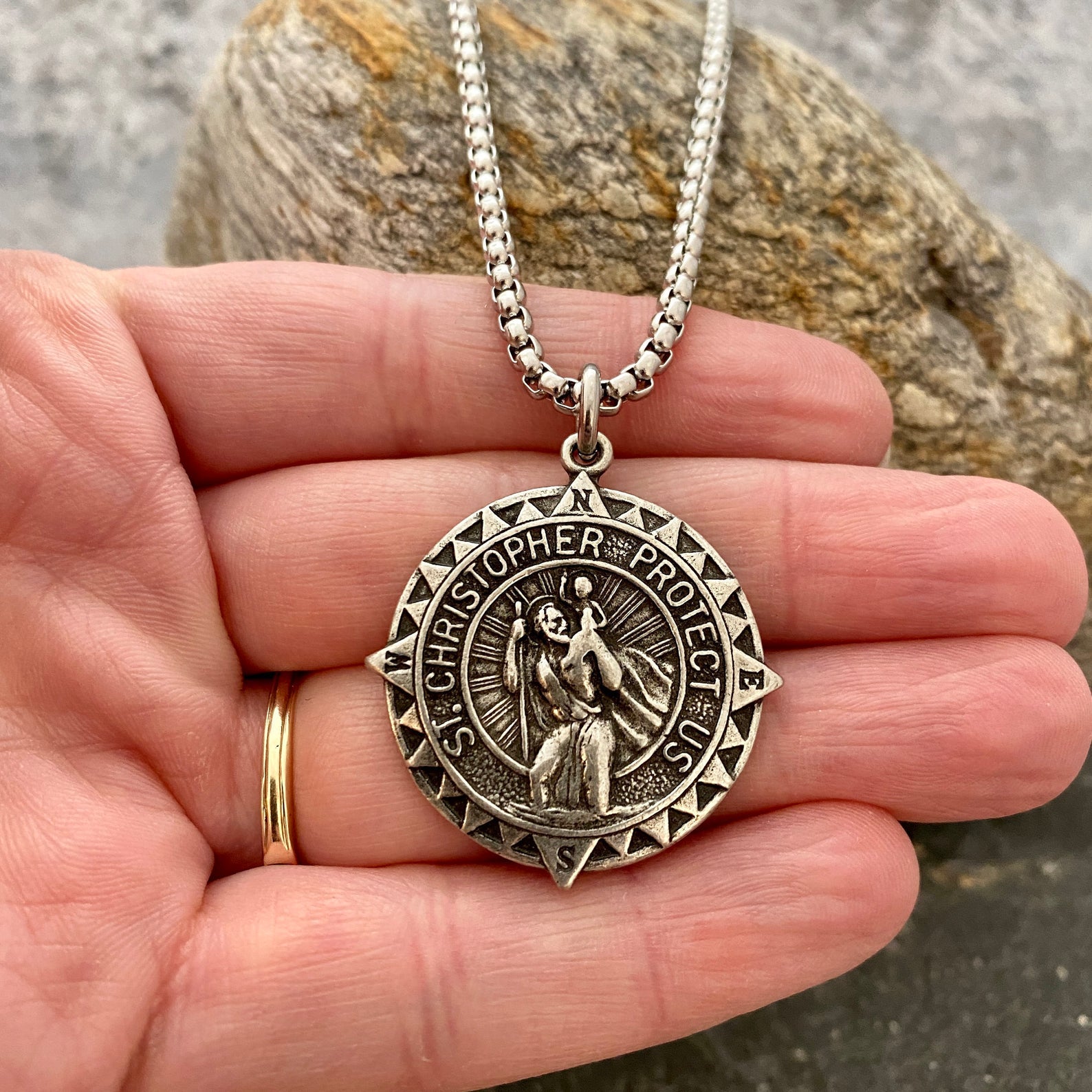 Men's Necklace with Large Silver Pewter St. Christopher Compass Medal, Unisex Jewelry, Stainless Steel ST-038