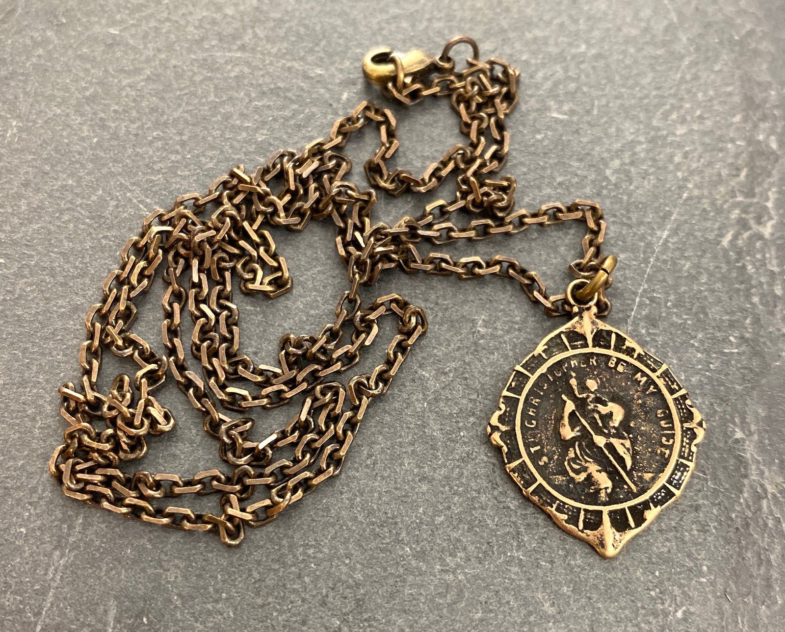 St. Christopher Antiqued Brass Men's Necklace, Johnny LTD featuring a Vintage Catholic Medal, Unisex Necklace, BR-023