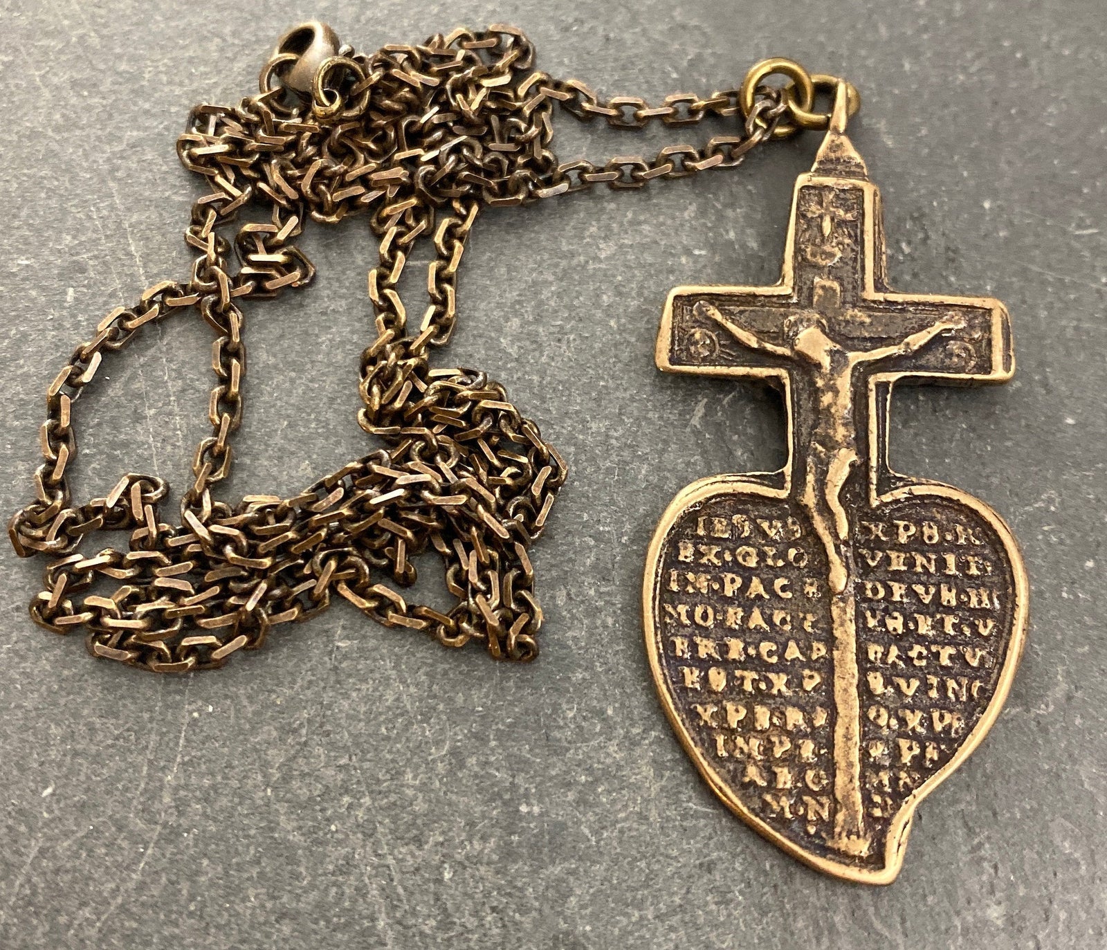 Men's Brass Bronze Crucifix Necklace, Cast from Ancient Antique Cross Heart Mary, Unisex Chain Jewelry, BR-024