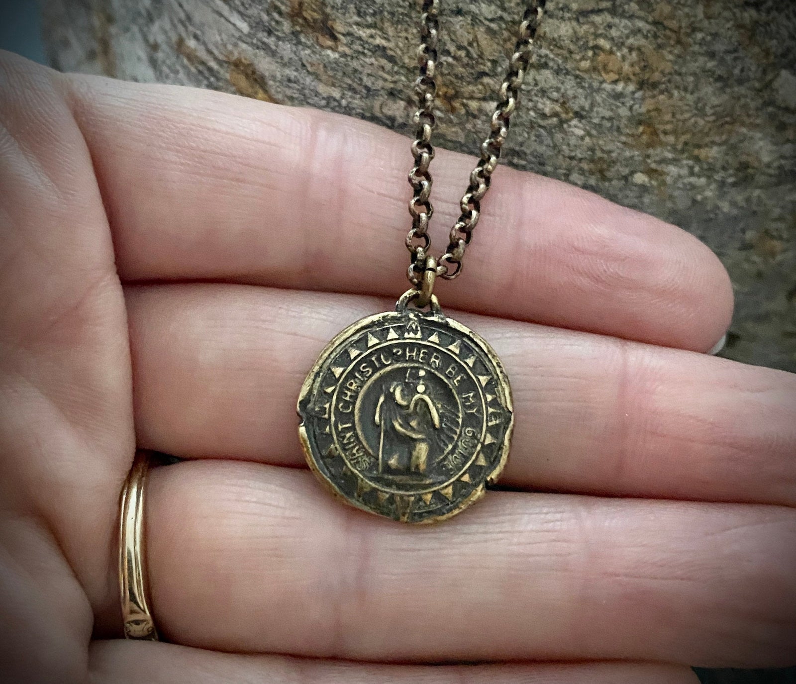 Men's Antiqued Brass Bronze Necklace with St. Christopher Medal, Unisex Necklace, Chain length 20 or 24 inches BR-035