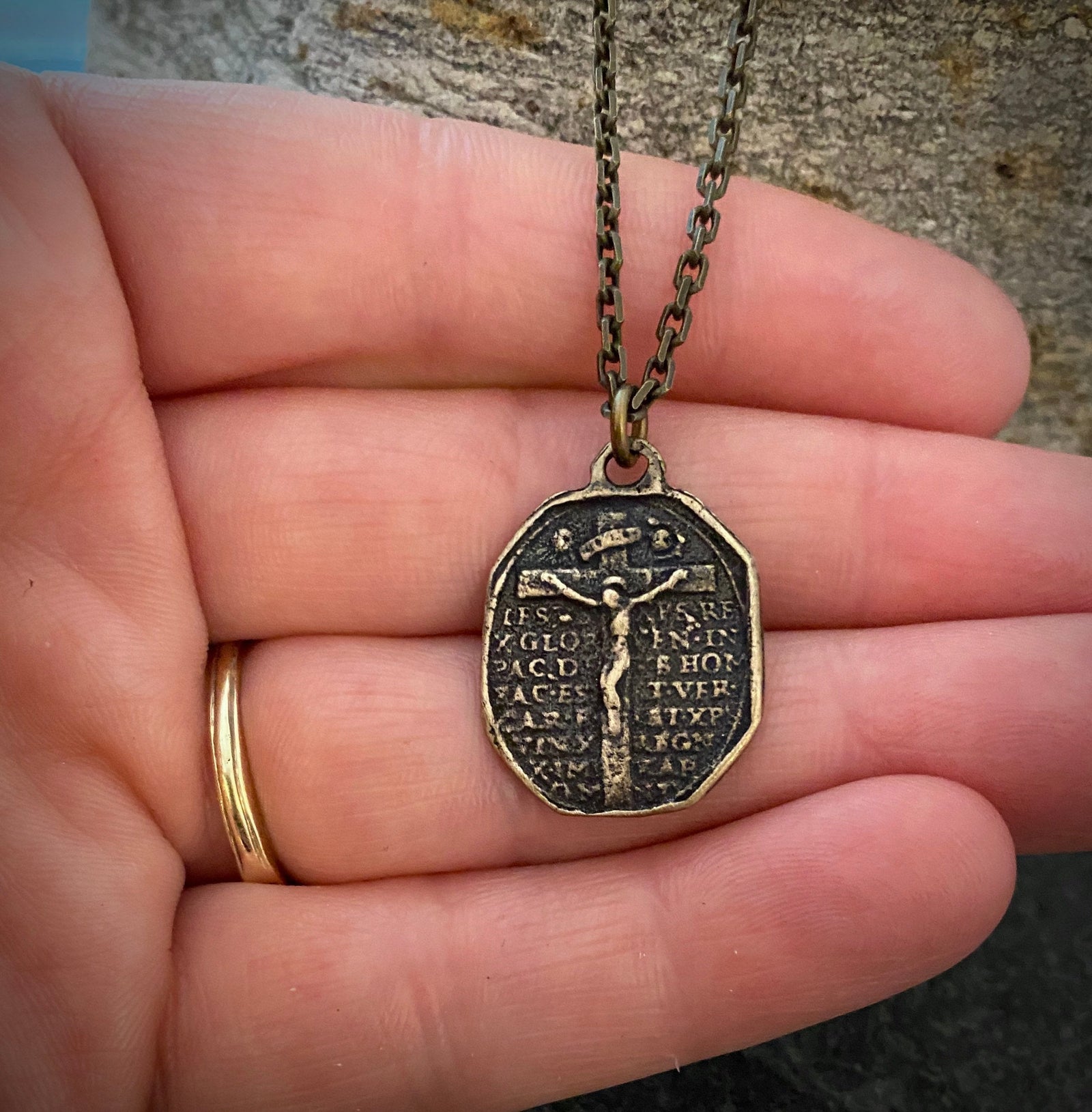 Men's Crucifix Necklace, Mary of 7 Sorrows, Antiqued Brass Bronze Unisex Religious Jewelry, 20 or 24 Inch Chain, BR-027