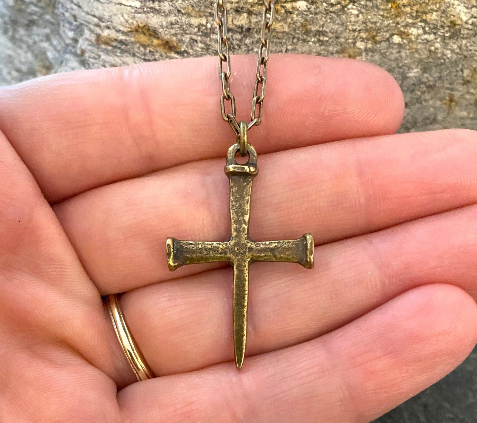 Johnny LTD Nail Spike Cross, Bronze Men's Necklace, Unisex Jewelry, 20 or 24 inches, BR-046