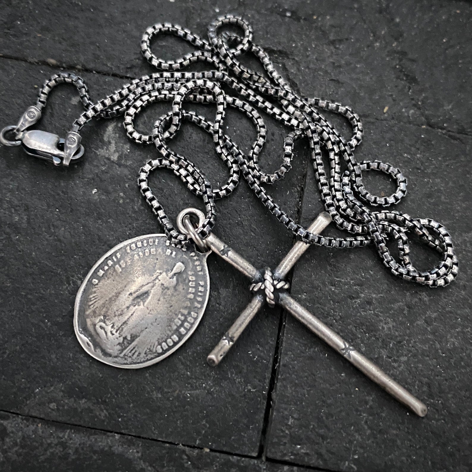 Men's Sterling Silver Dual Pendant Necklace with Johnny LTD Rope Tied Cross and Archangel St. Michael Medal, Unisex Necklace, SS-010