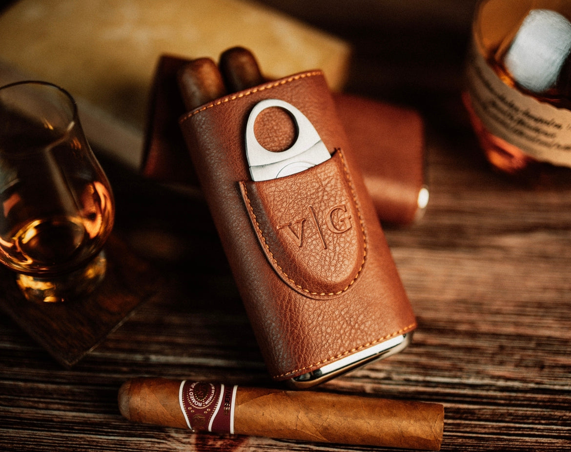 Luxury Brown Leather Cigar Case With Cutter