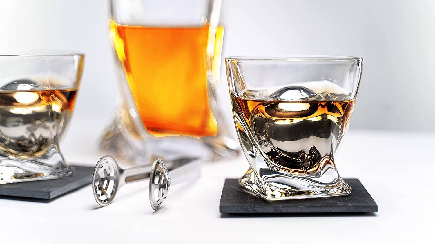 Whiskey Stones & Decanter Gift Set - 2 Glasses, 2 Coasters - Vintage  Gentlemen