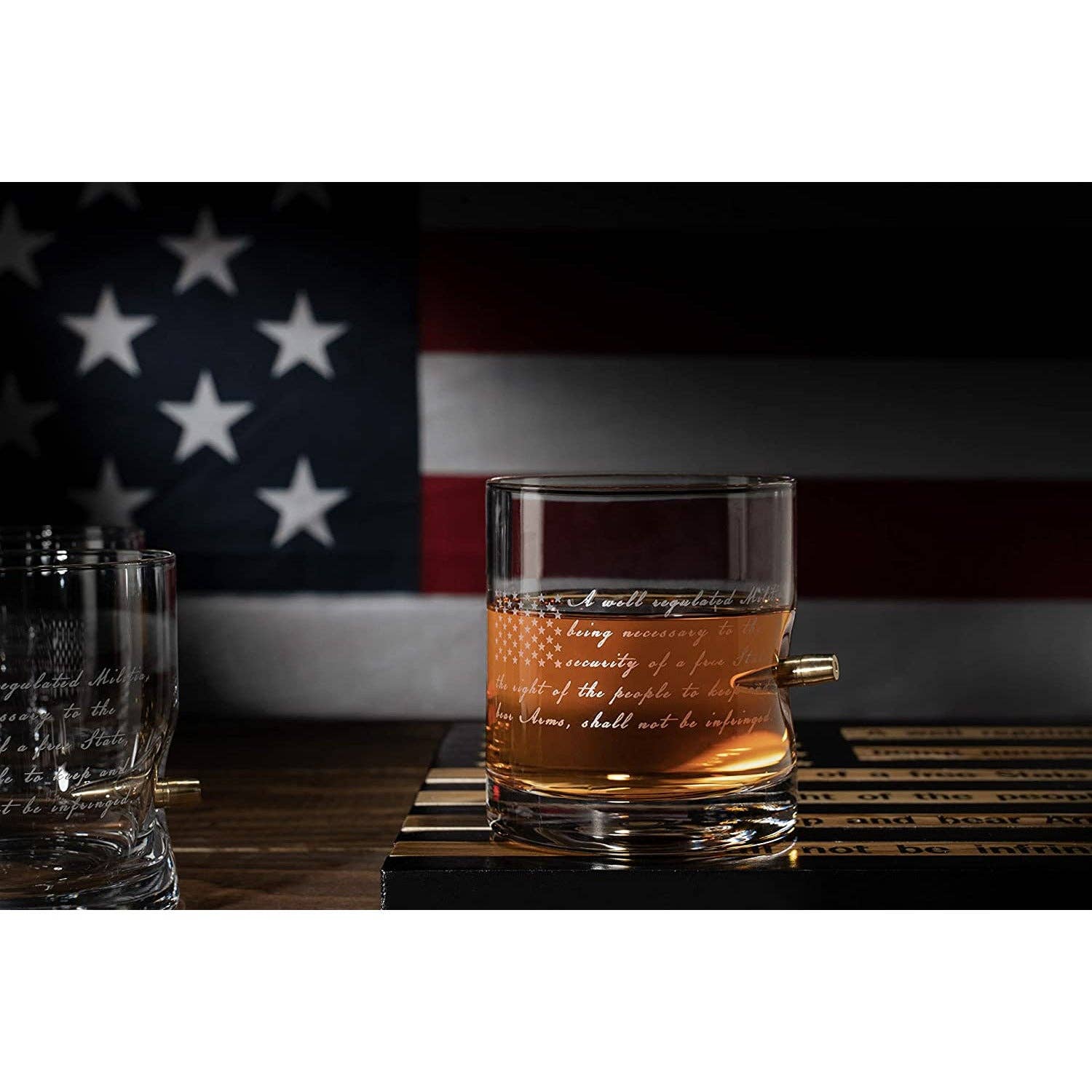 2nd Amendment Whiskey Glasses With Bullet and Flag Base Set