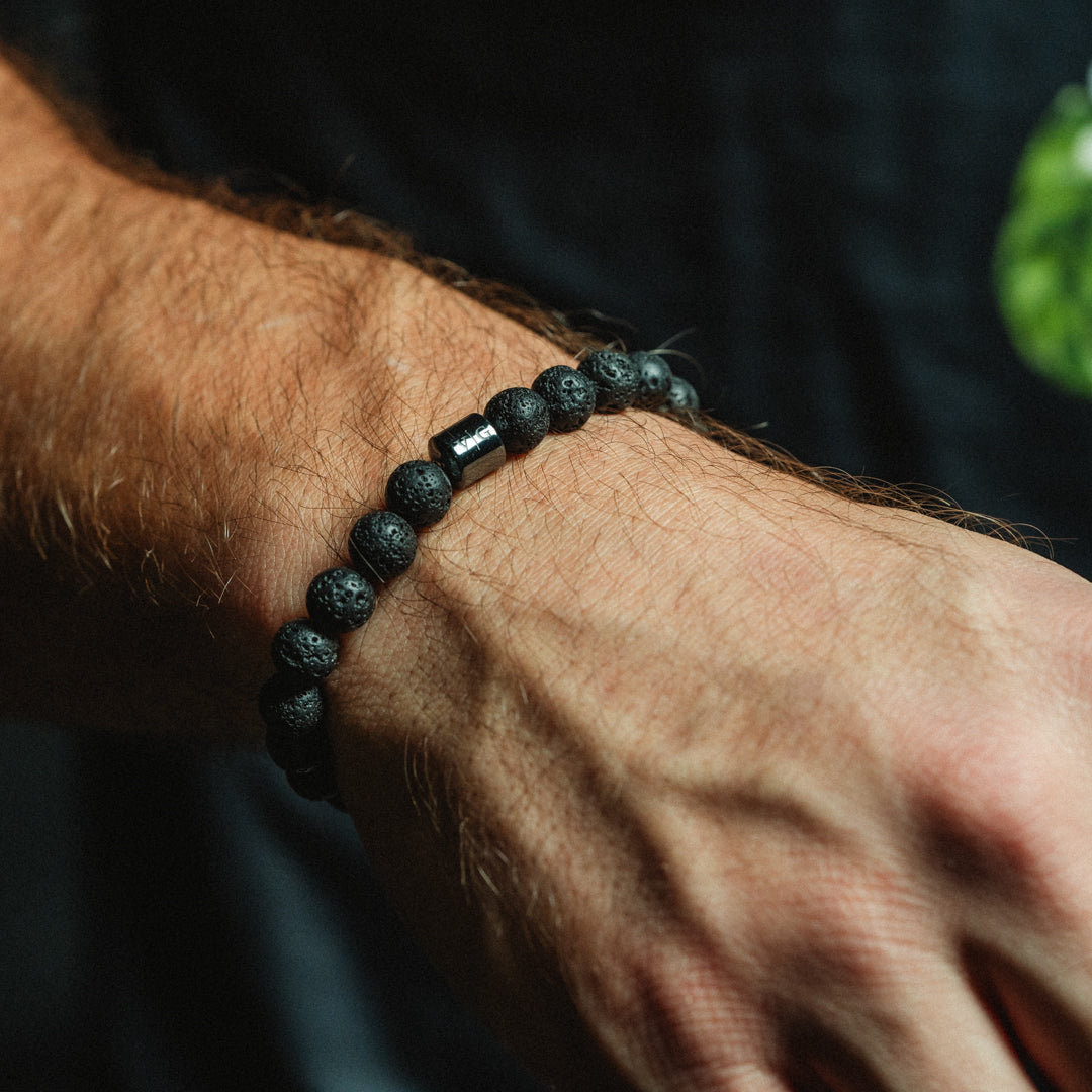 Mens black lava stone bead bracelet 