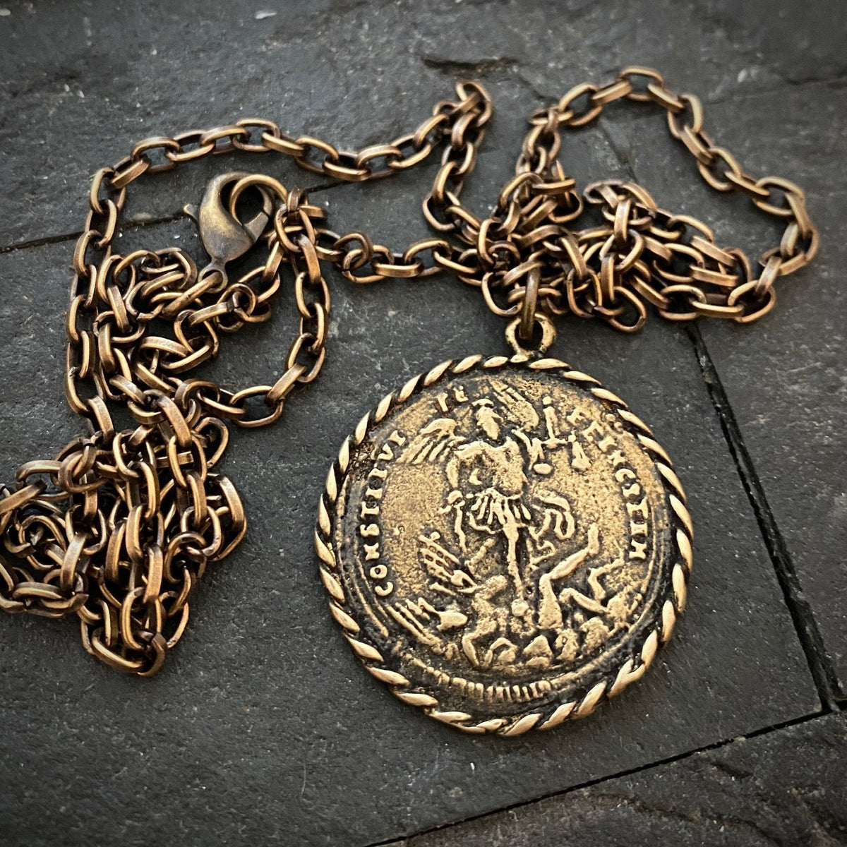 Men&#39;s Archangel St. Michael, Antiqued Brass and Bronze Unisex Jewelry, 20 or 24 Inch Rolo Chain, BR-057