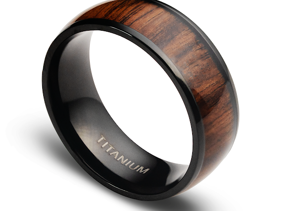Black titanium koa wood ring