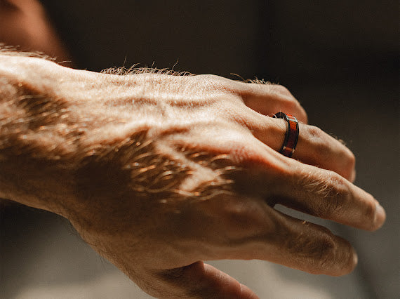 Black titanium and koa wood ring