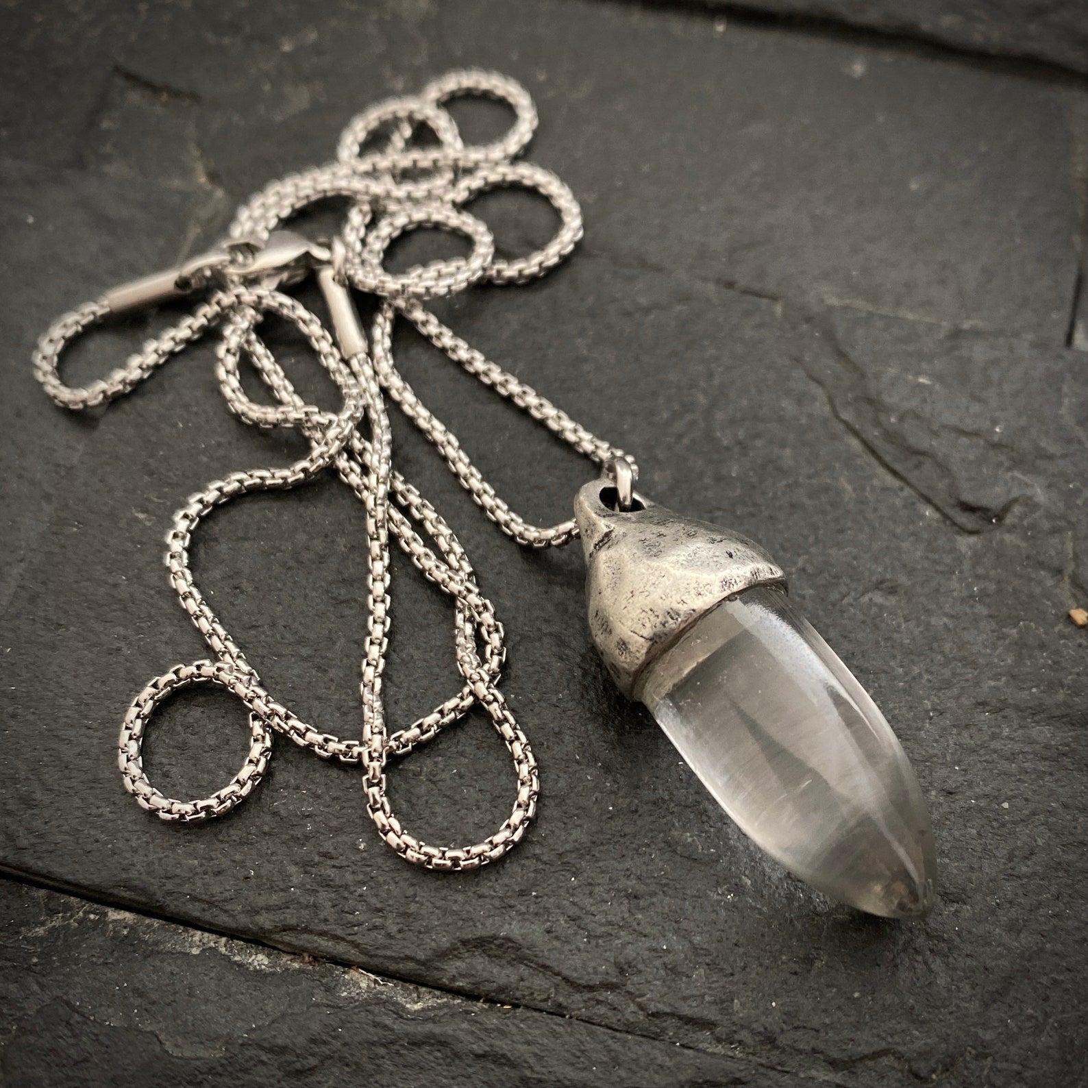 Men's Purity and Energy Necklace, Clear Crystal, Unisex Gemstone, Stone Protection Pendant, Stainless Steel, Men's Boyfriend Gift, GS-004