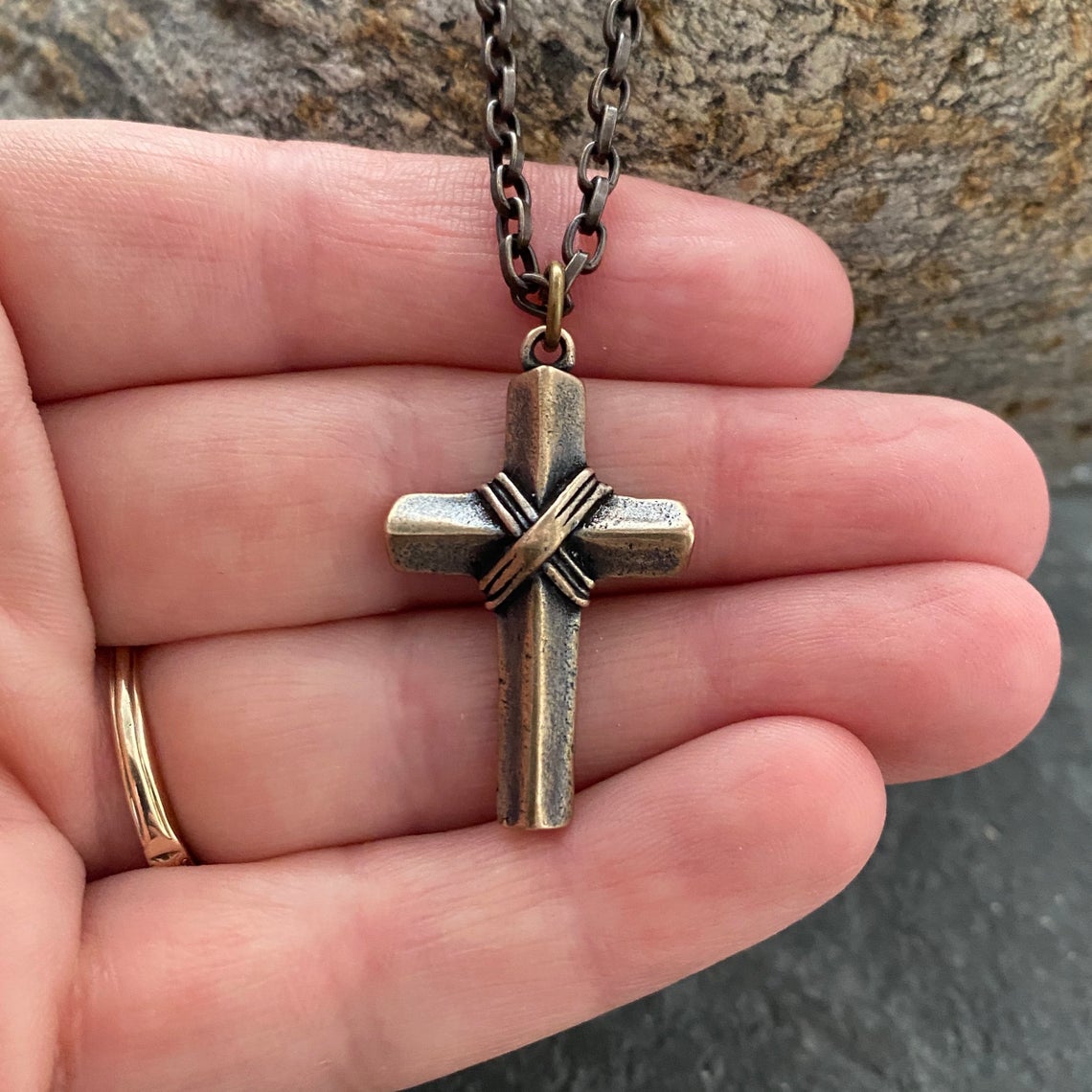 Bronze Vintage Cross, Men's Religious Jewelry, Unisex Necklace, Antiqued Brass Chain, BR-052