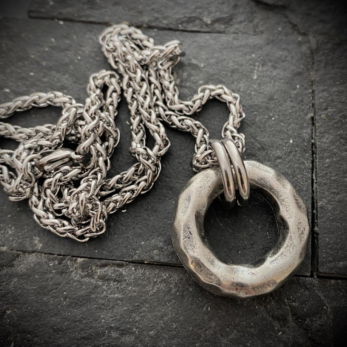 Large Hammered Ring Men&#39;s Necklace, Heavy Pewter Ring, Unisex Jewelry, Stainless Steel chain, ST-032