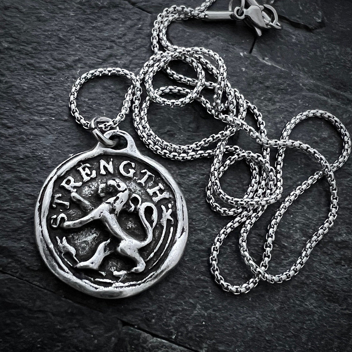 Men&#39;s Lion, Strength Wax Seal Necklace, Antiqued Pewter and Stainless Steel Unisex Jewelry, Chain length 20 or 24 inches ST-042