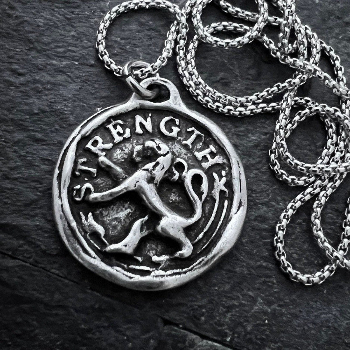 Men&#39;s Lion, Strength Wax Seal Necklace, Antiqued Pewter and Stainless Steel Unisex Jewelry, Chain length 20 or 24 inches ST-042