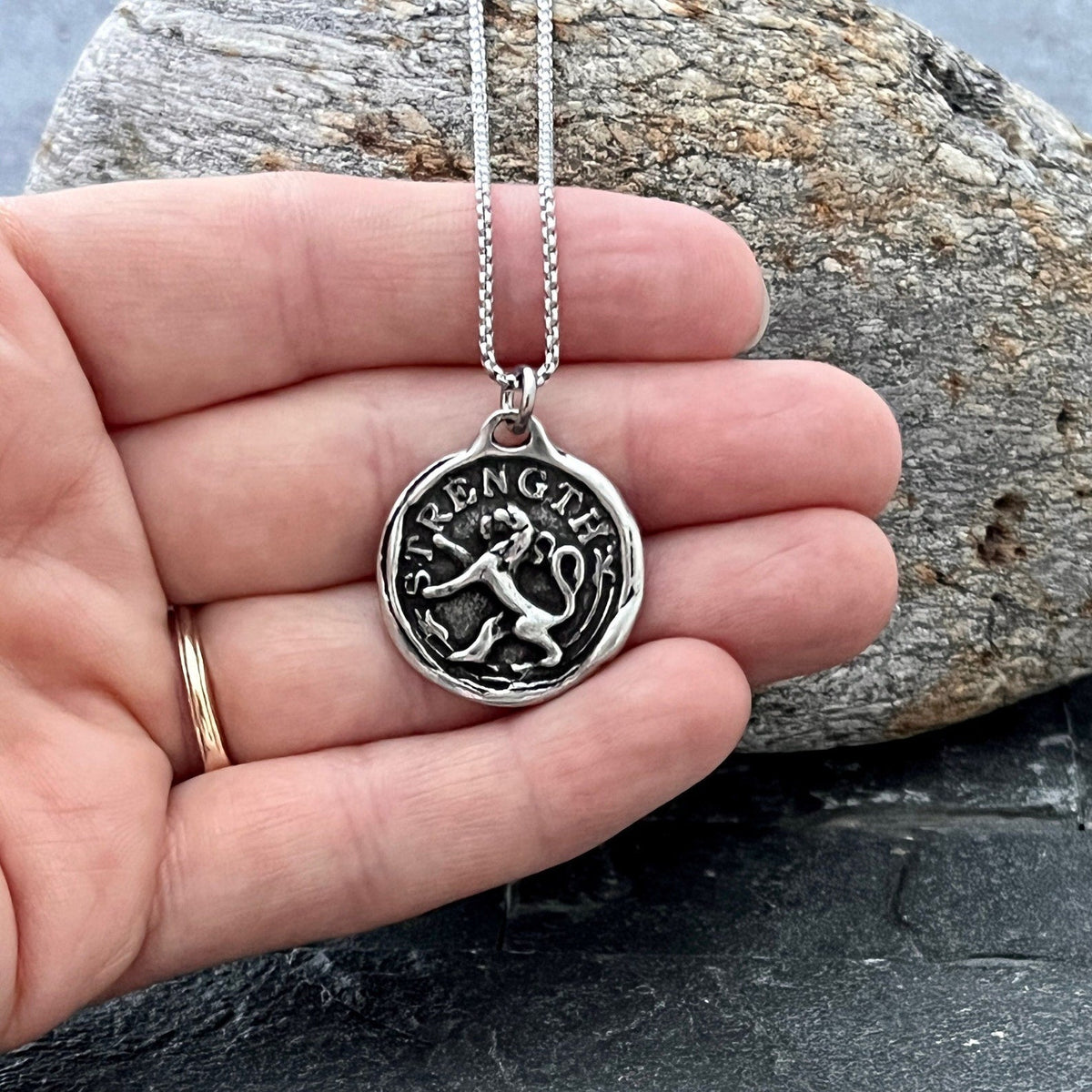 Men&#39;s Lion, Strength Wax Seal Necklace, Antiqued Pewter and Stainless Steel Unisex Jewelry, Chain length 20 or 24 inches ST-042