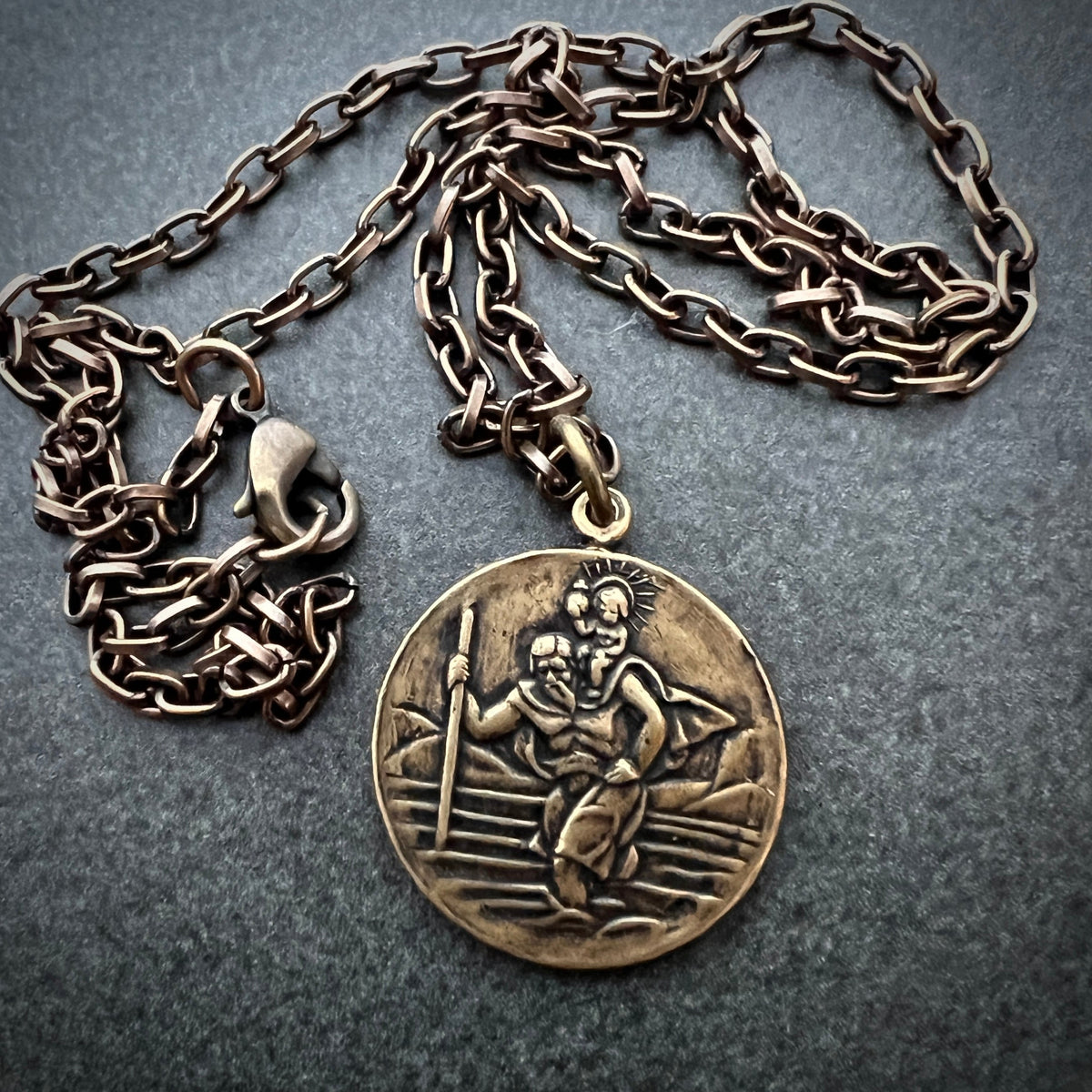 Men&#39;s Necklace St. Christopher, Patron of Travelers, Protect Us Talisman, Unisex Jewelry, Vintage Catholic Brass Medal, BR-011