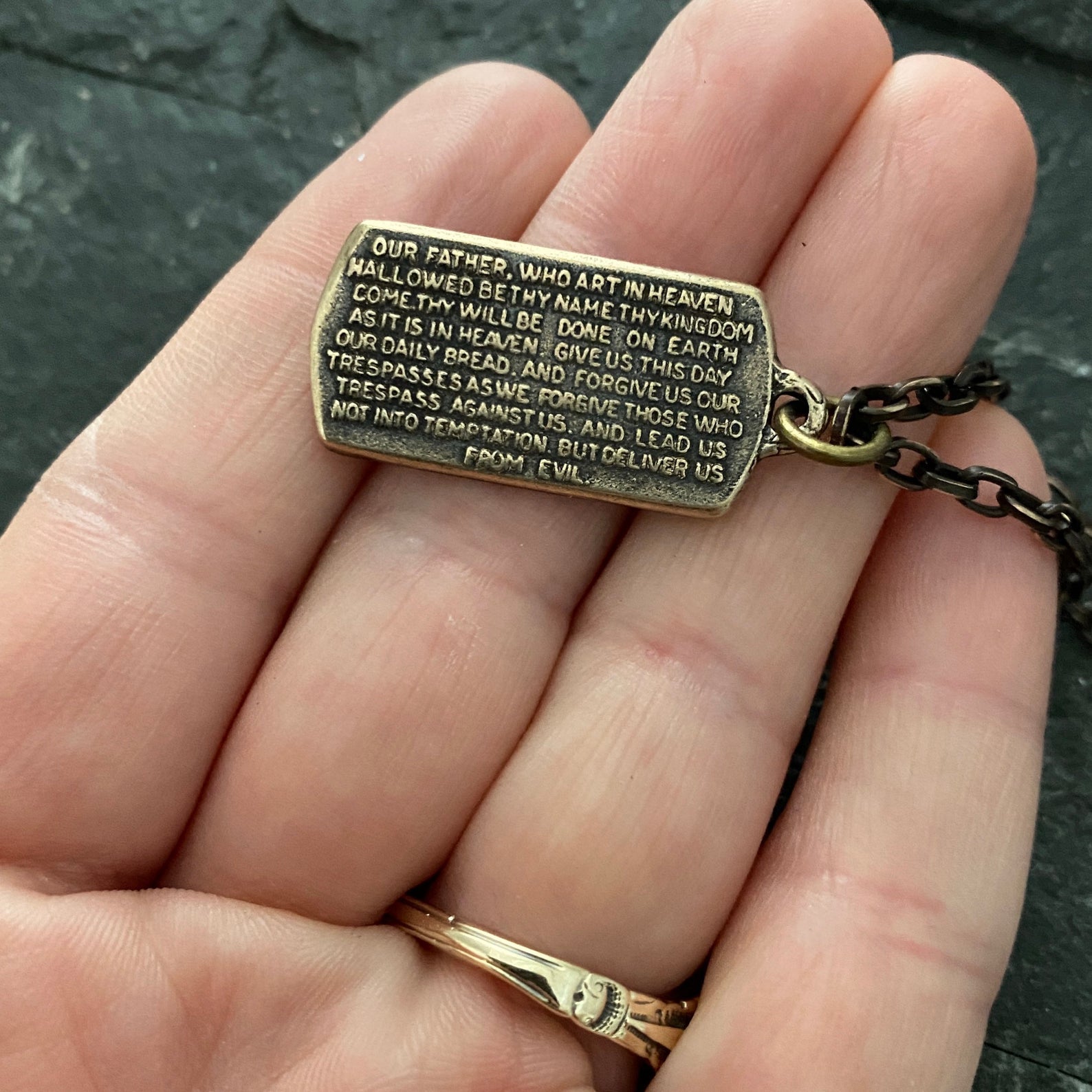 The Lord's Prayer Necklace, Men's Bronze Pendant with Cross and Brass Necklace, Unisex Jewelry Gift, Faith, BR-050