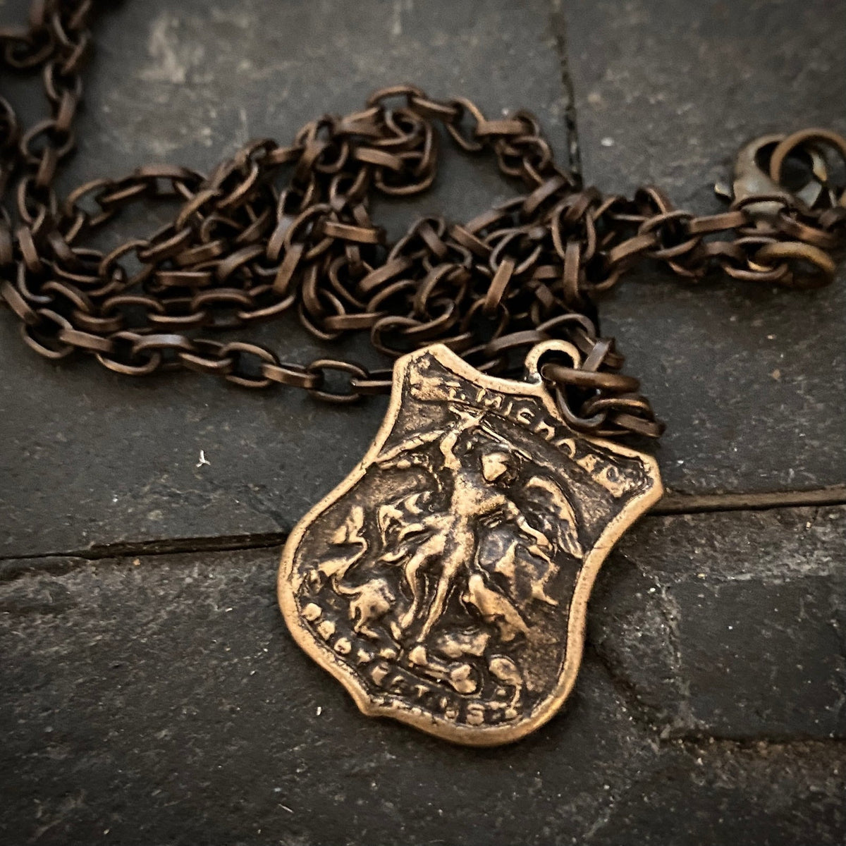 Men&#39;s Bronze Archangel St. Michael Shield Necklace, Antiqued Brass Chain, Unisex Jewelry, 20 or 24 Inch Chain, BR-055
