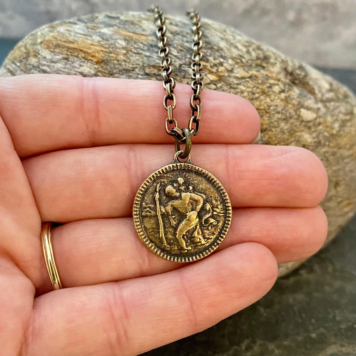 Men&#39;s Antiqued Brass Necklace with Round St. Christopher Medal, Unisex Jewelry, Chain length 20 or 24 inches BR-056
