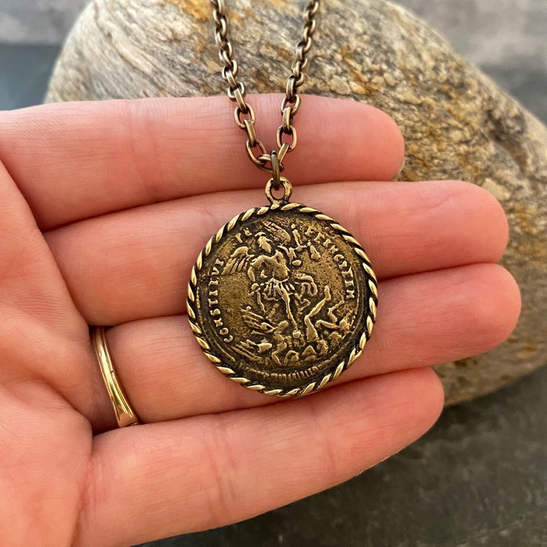 Men&#39;s Archangel St. Michael, Antiqued Brass and Bronze Unisex Jewelry, 20 or 24 Inch Rolo Chain, BR-057