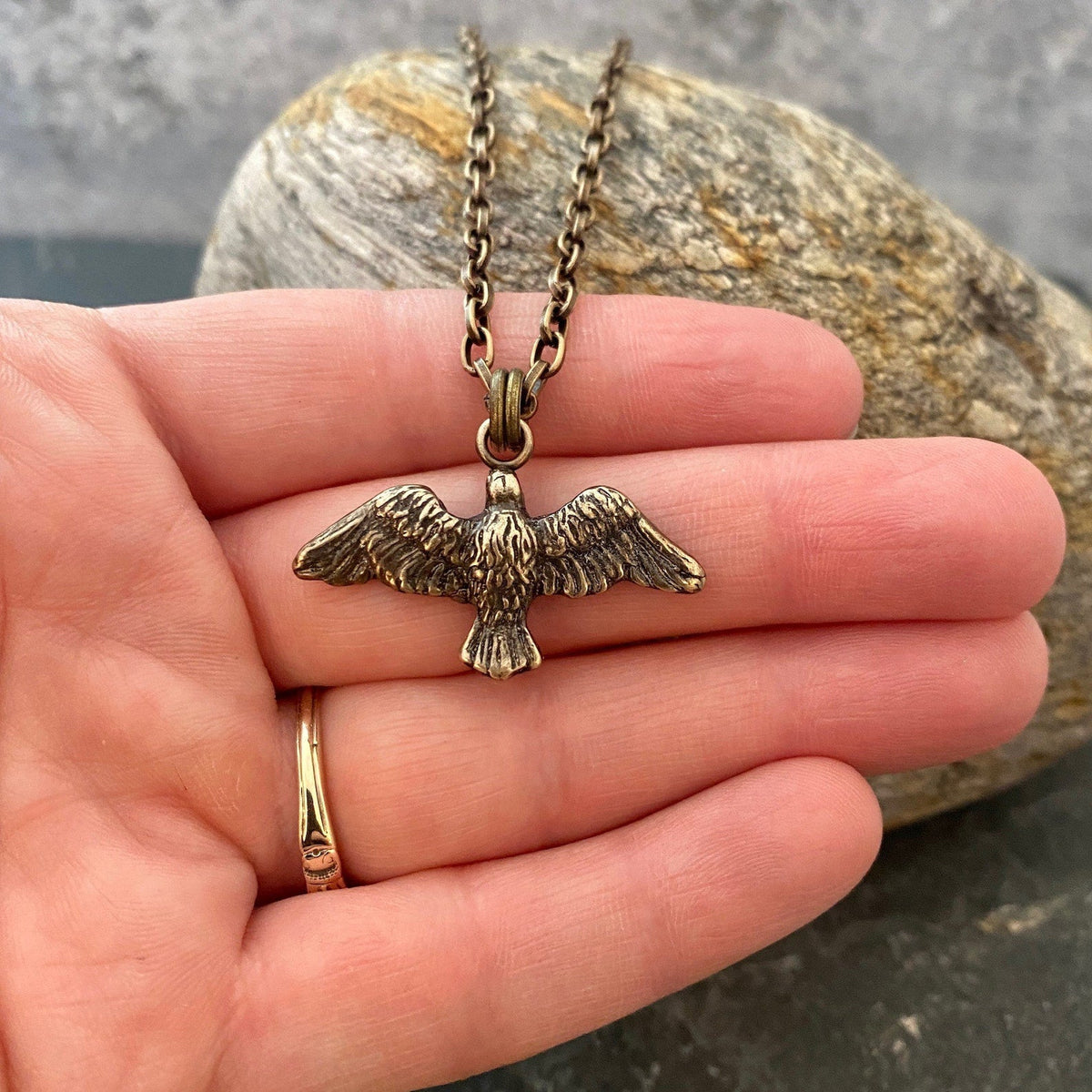 Men&#39;s Eagle Bird Necklace, Freedom Jewelry, Brass and Bronze Unisex Jewelry, 20 or 24 Inch Rolo Chain, BR-059