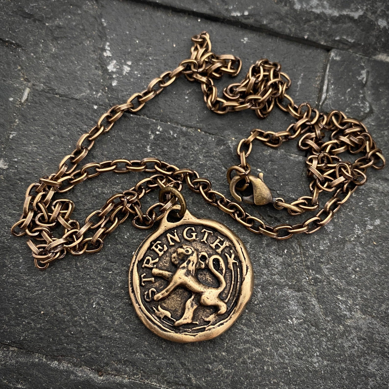 Men's Lion, Strength Wax Seal Necklace, Antiqued Brass