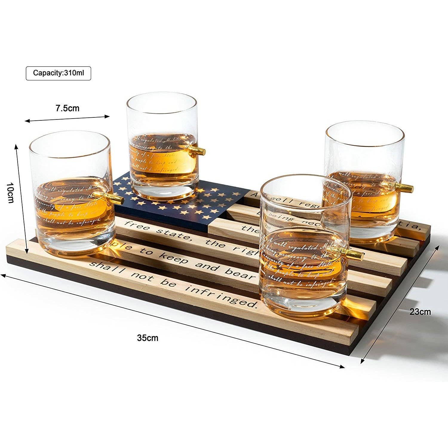 2nd Amendment Whiskey Glasses With Bullet and Flag Base Set