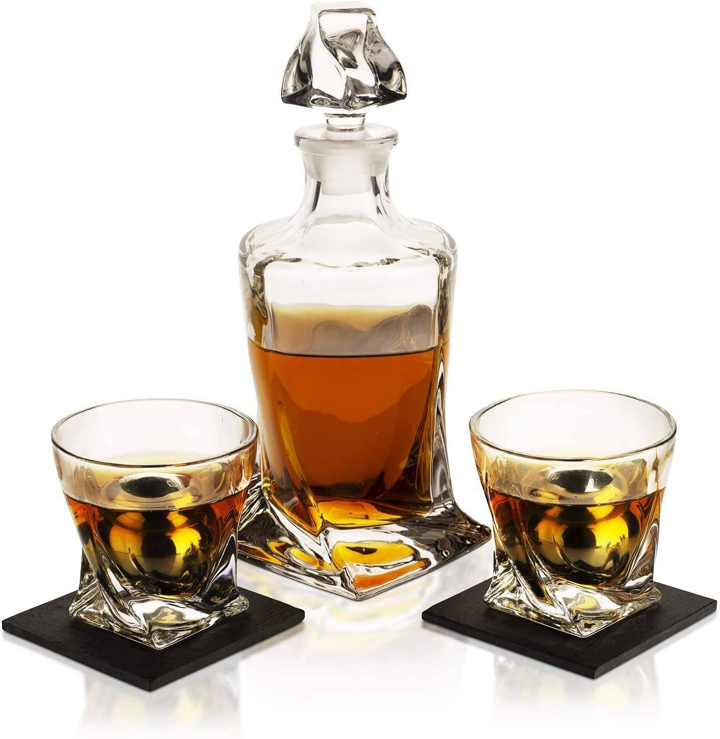 Whiskey Stones & Decanter Gift Set - 2 Glasses, 2 Coasters - Vintage  Gentlemen