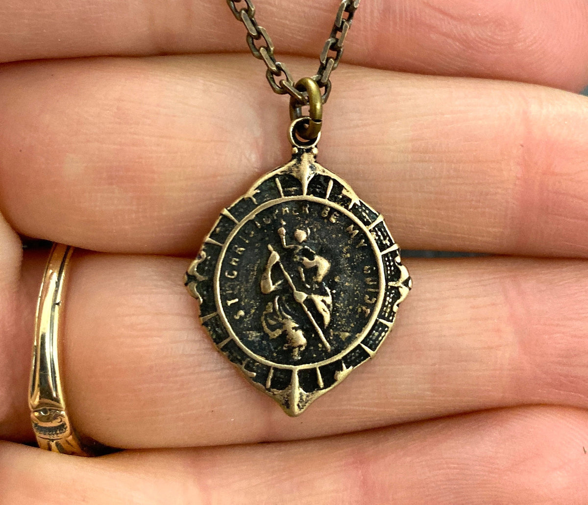 St. Christopher Antiqued Brass Men&#39;s Necklace, Johnny LTD  featuring a Vintage Catholic Medal, Unisex Necklace, BR-023