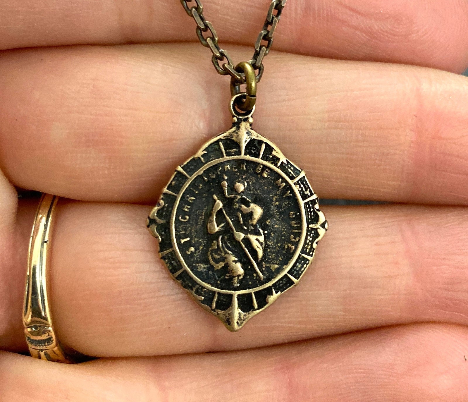 St. Christopher Antiqued Brass Men's Necklace, Johnny LTD  featuring a Vintage Catholic Medal, Unisex Necklace, BR-023