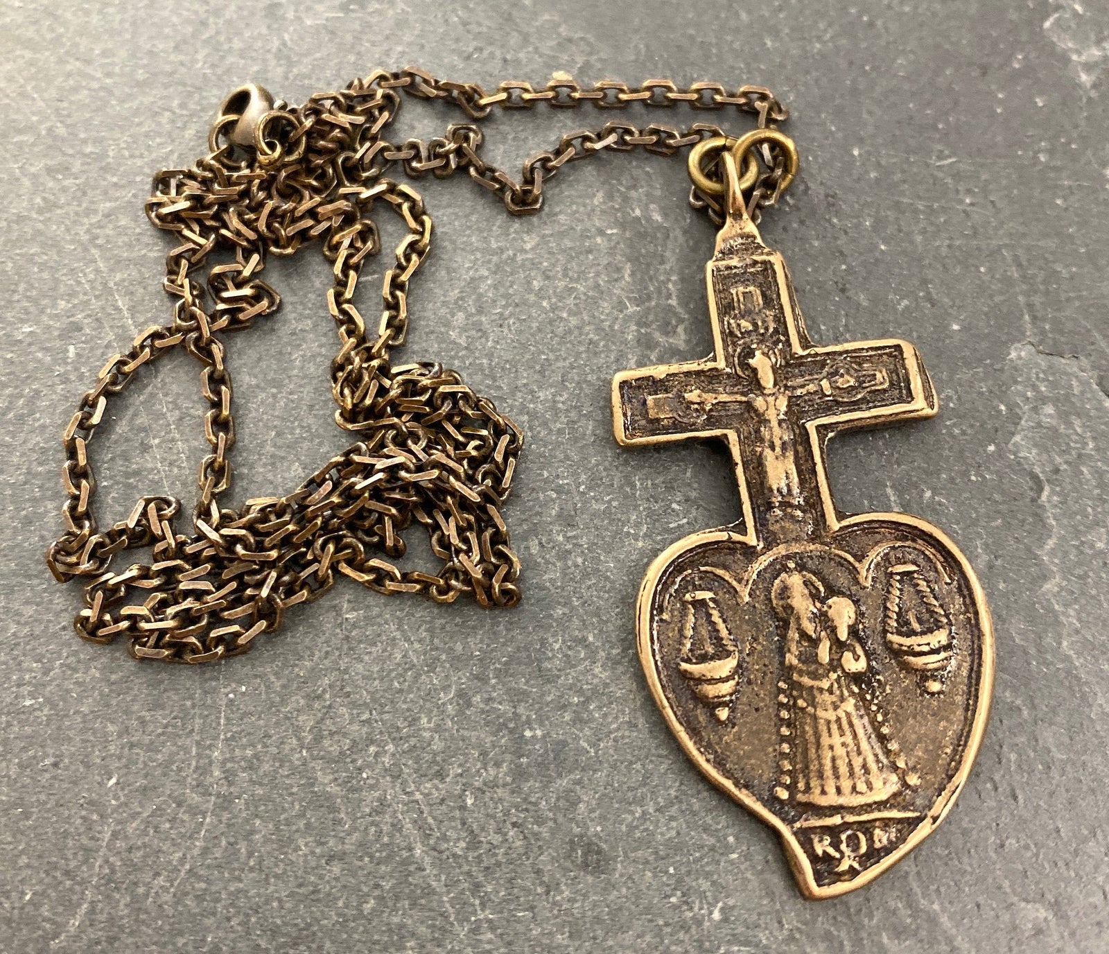 Men's Brass Bronze Crucifix Necklace, Cast from Ancient Antique Cross Heart Mary, Unisex Chain Jewelry, BR-024