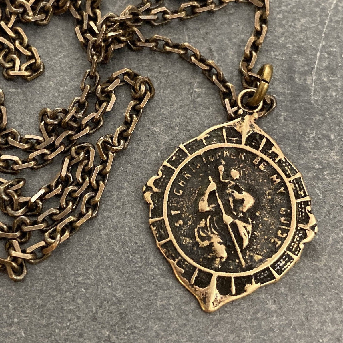 St. Christopher Antiqued Brass Men&#39;s Necklace, Johnny LTD  featuring a Vintage Catholic Medal, Unisex Necklace, BR-023