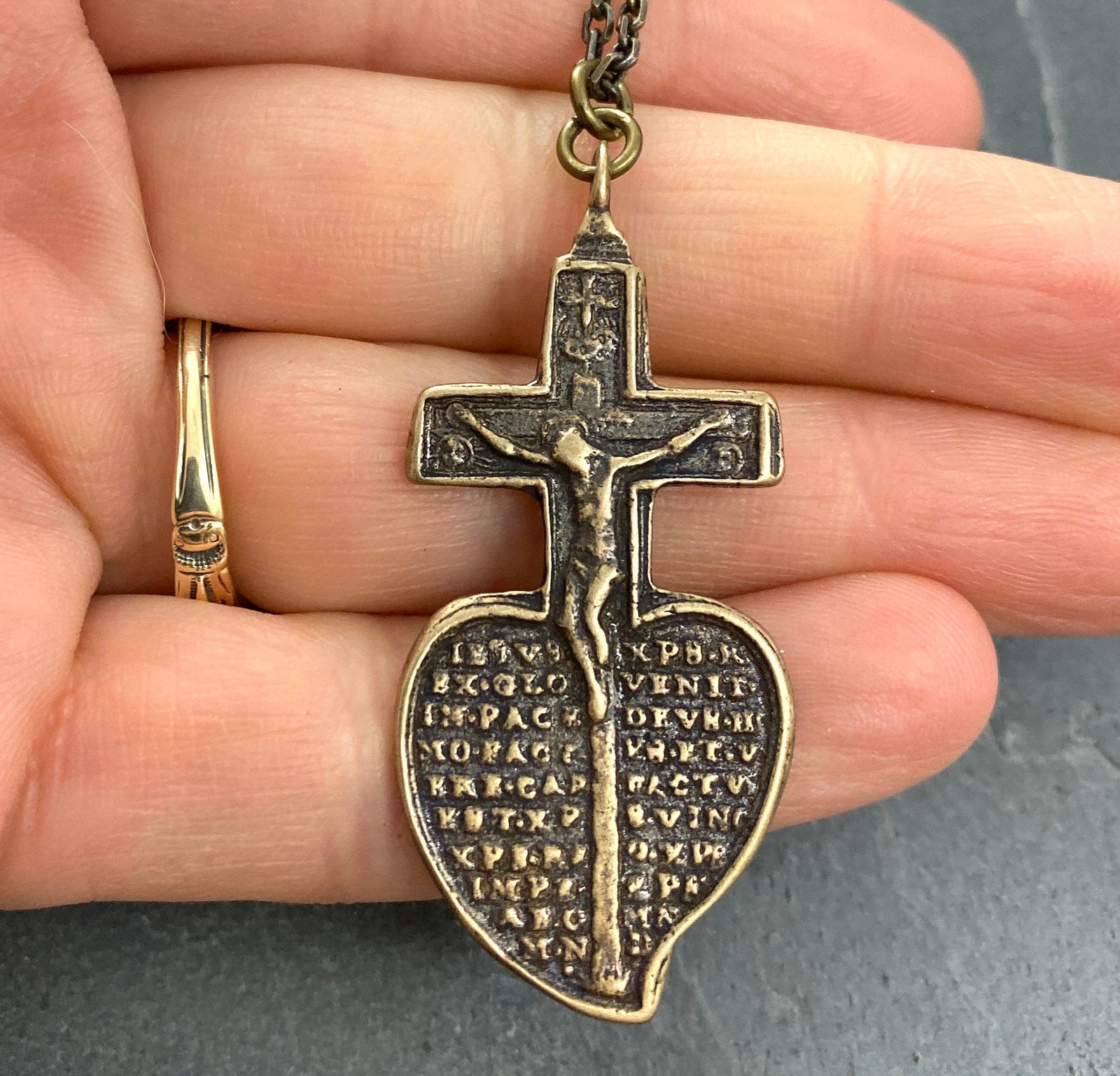 Men's Brass Bronze Crucifix Necklace, Cast from Ancient Antique Cross Heart Mary, Unisex Chain Jewelry, BR-024