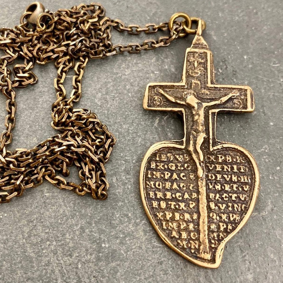 Men&#39;s Brass Bronze Crucifix Necklace, Cast from Ancient Antique Cross Heart Mary, Unisex Chain Jewelry, BR-024