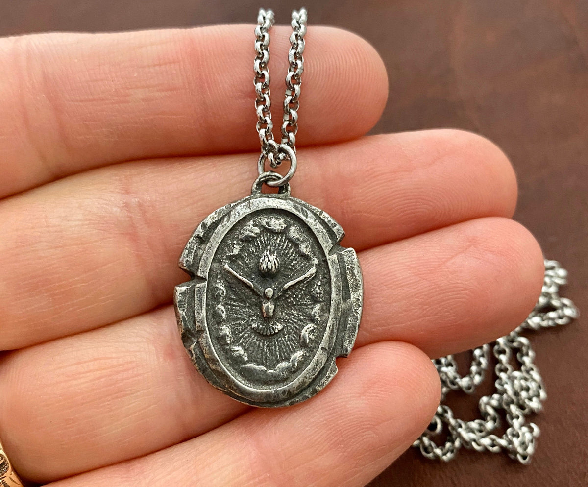 Men&#39;s Necklace with Dove Holy Spirit Wax Seal Medal, Unisex necklace, Catholic Jewelry, `