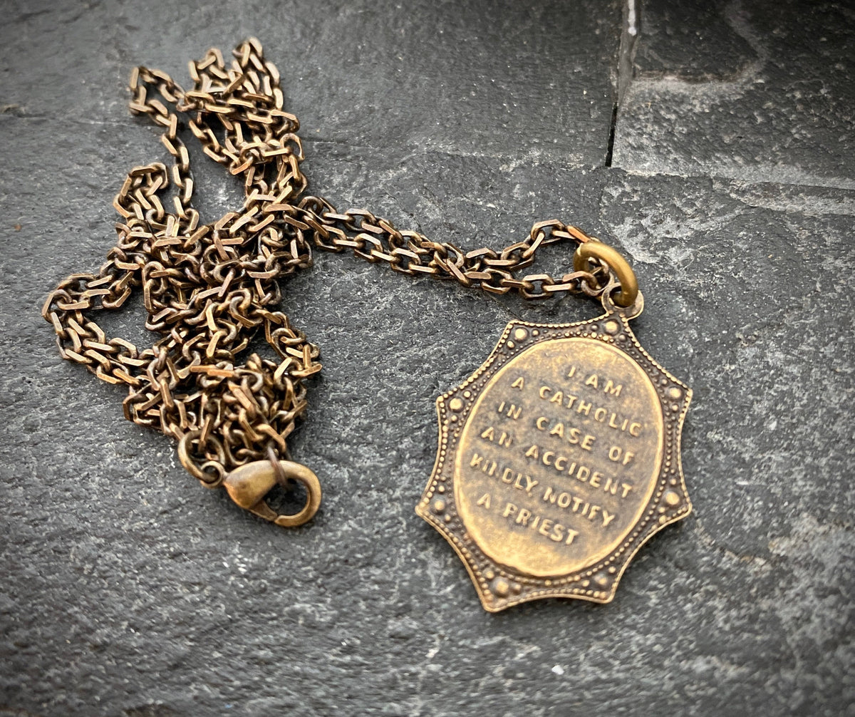 Men&#39;s Necklace, Vintage Style St. Christopher, Protection, Protect Us, Patron of travelers, 20 or 24 inches, Antiqued Brass, BR-008