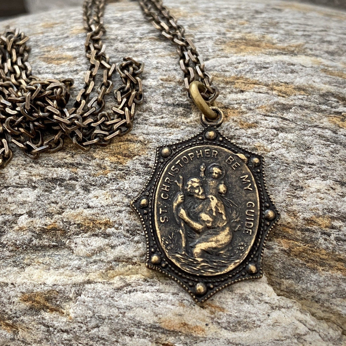 Men&#39;s Necklace, Vintage Style St. Christopher, Protection, Protect Us, Patron of travelers, 20 or 24 inches, Antiqued Brass, BR-008