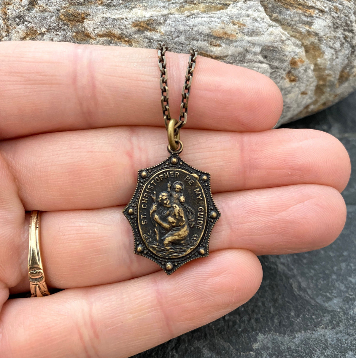 Men&#39;s Necklace, Vintage Style St. Christopher, Protection, Protect Us, Patron of travelers, 20 or 24 inches, Antiqued Brass, BR-008