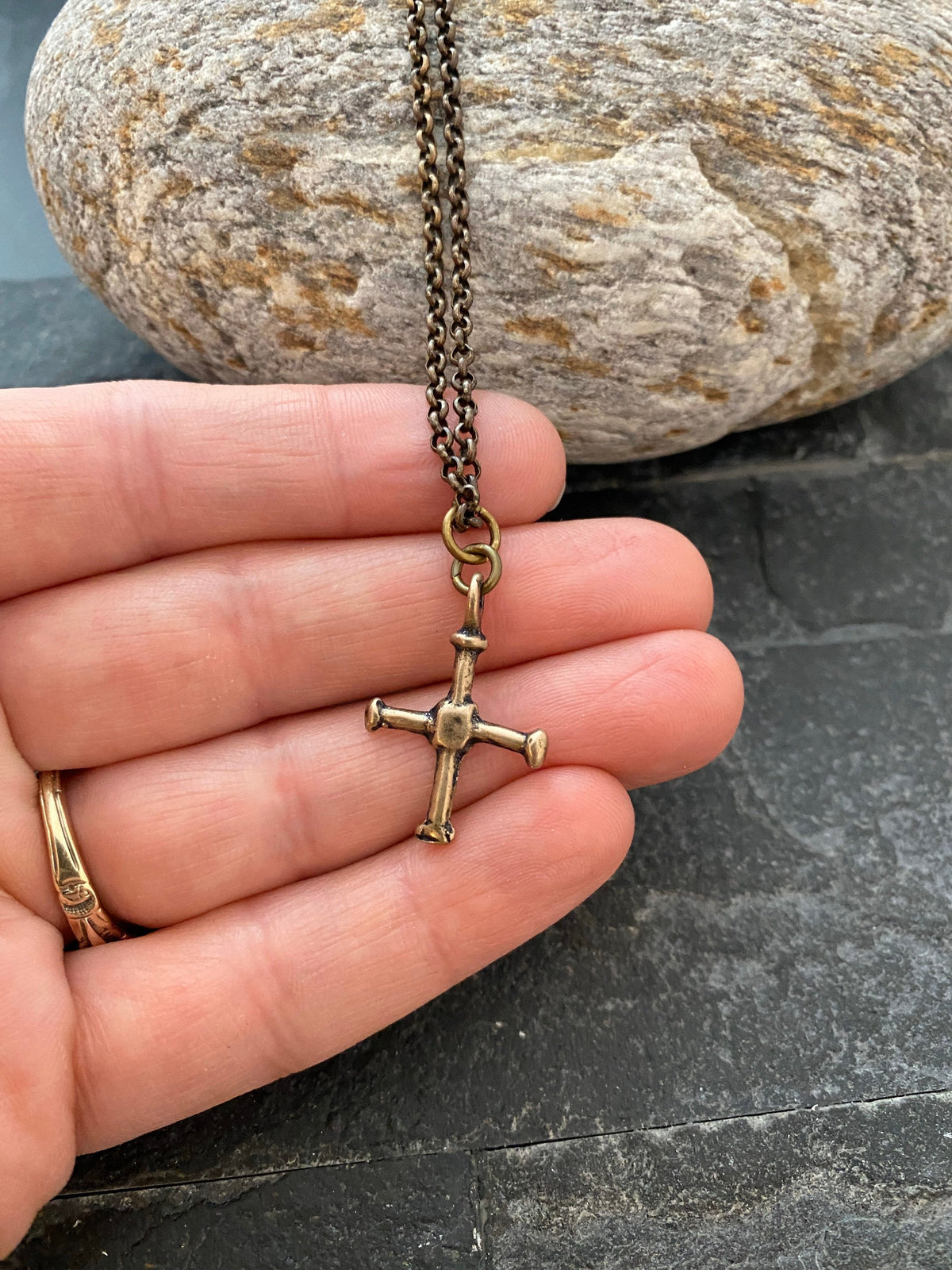 Small Cross Antiqued Solid Bronze Men&#39;s Necklace, Ancient Viking Cross, Unisex Jewelry, Brass Chain BR-040