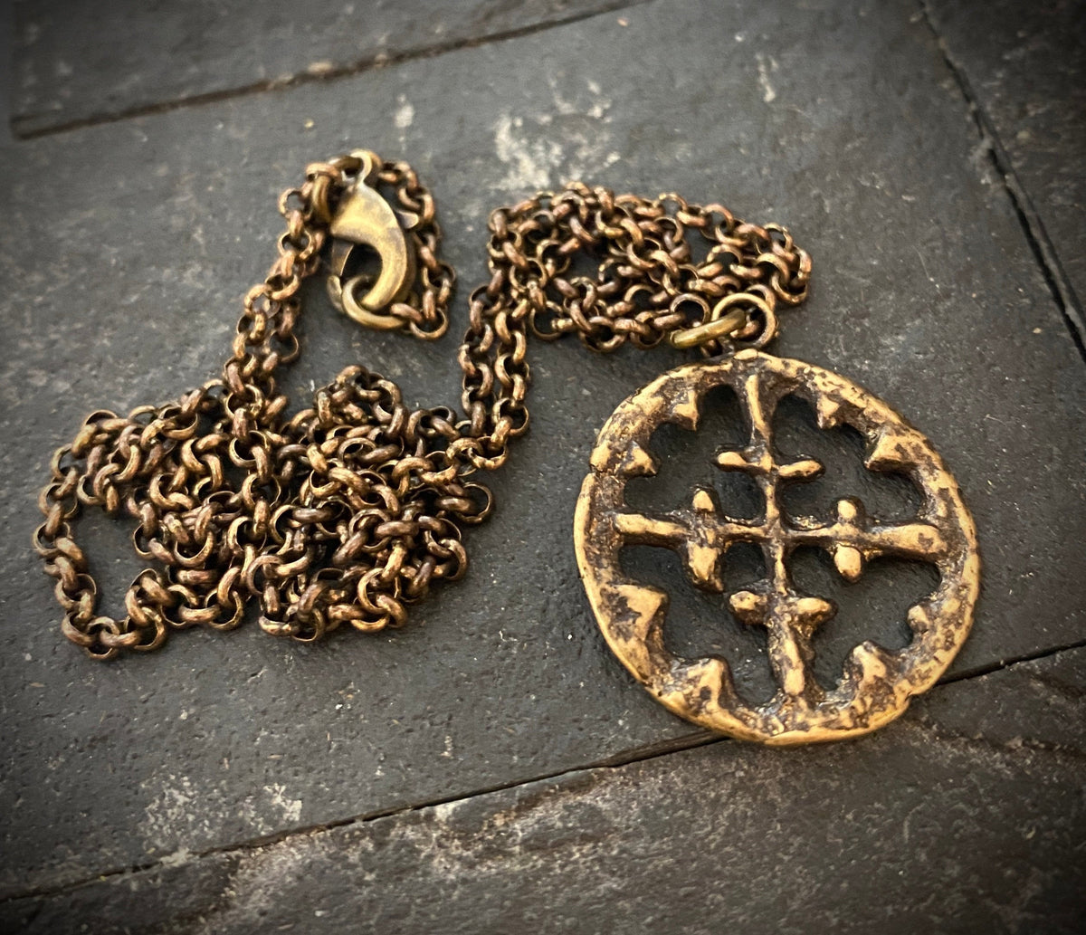 Men&#39;s Necklace, Viking Era Cross Produced from Original 10th Century Piece, Antiqued Brass Unisex Jewelry, 20 or 24 Inch Chain, BR-016