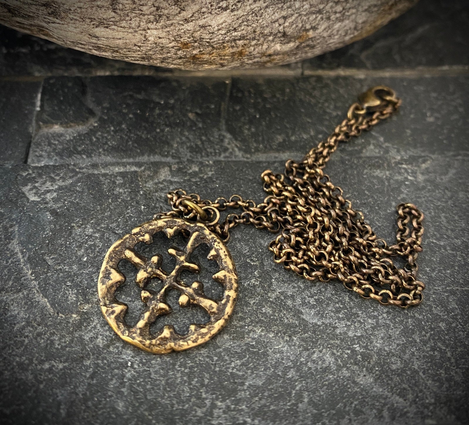 Men's Necklace, Viking Era Cross Produced from Original 10th Century Piece, Antiqued Brass Unisex Jewelry, 20 or 24 Inch Chain, BR-016