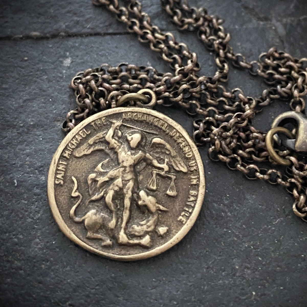 Men&#39;s Archangel St. Michael, Antiqued Brass and Bronze Unisex Jewelry, 20 or 24 Inch Rolo Chain, BR-039