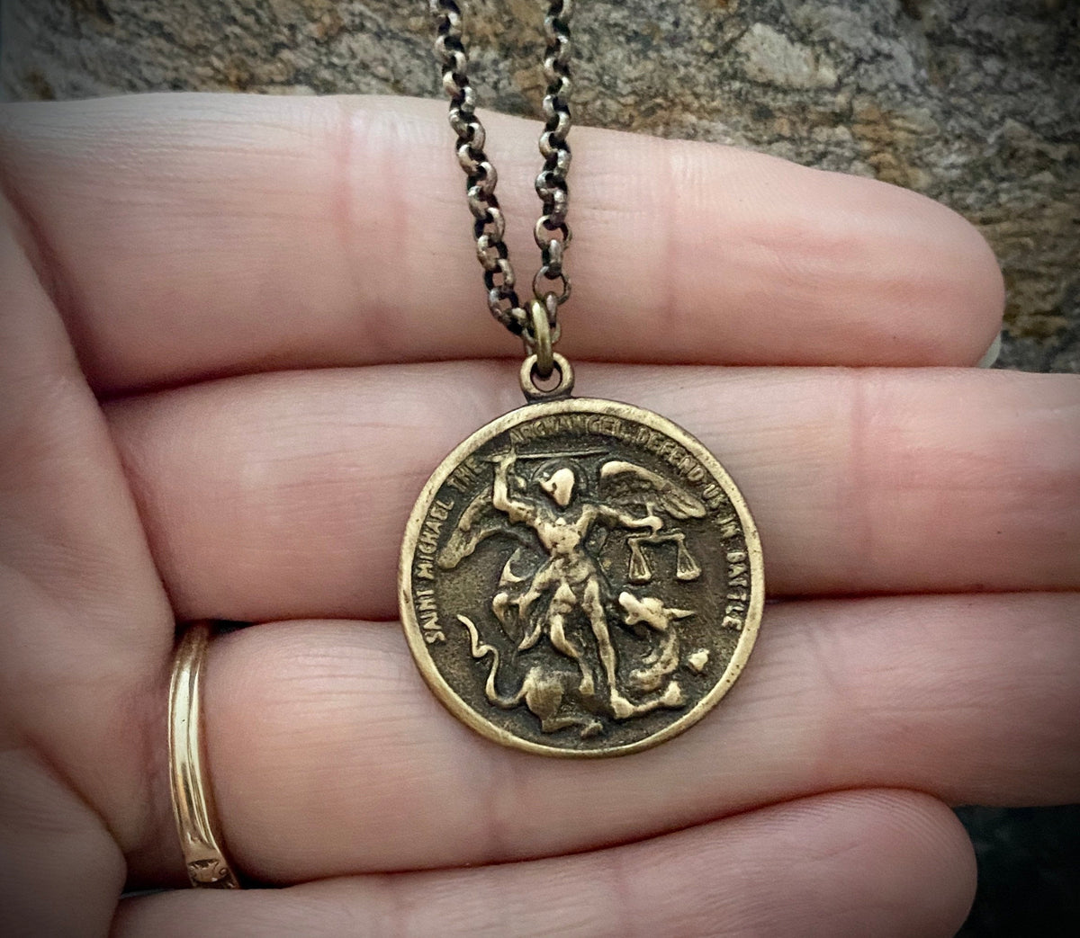 Men&#39;s Archangel St. Michael, Antiqued Brass and Bronze Unisex Jewelry, 20 or 24 Inch Rolo Chain, BR-039