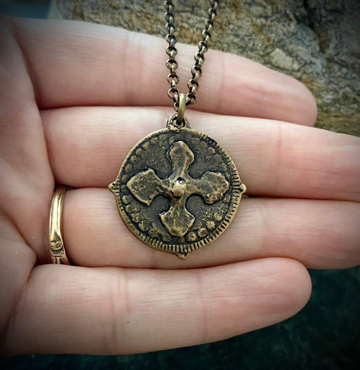Men&#39;s Cross Necklace, Archangel St. Michael, Antiqued Brass and Bronze Unisex Jewelry, 20 or 24 Inch Chain, BR-026