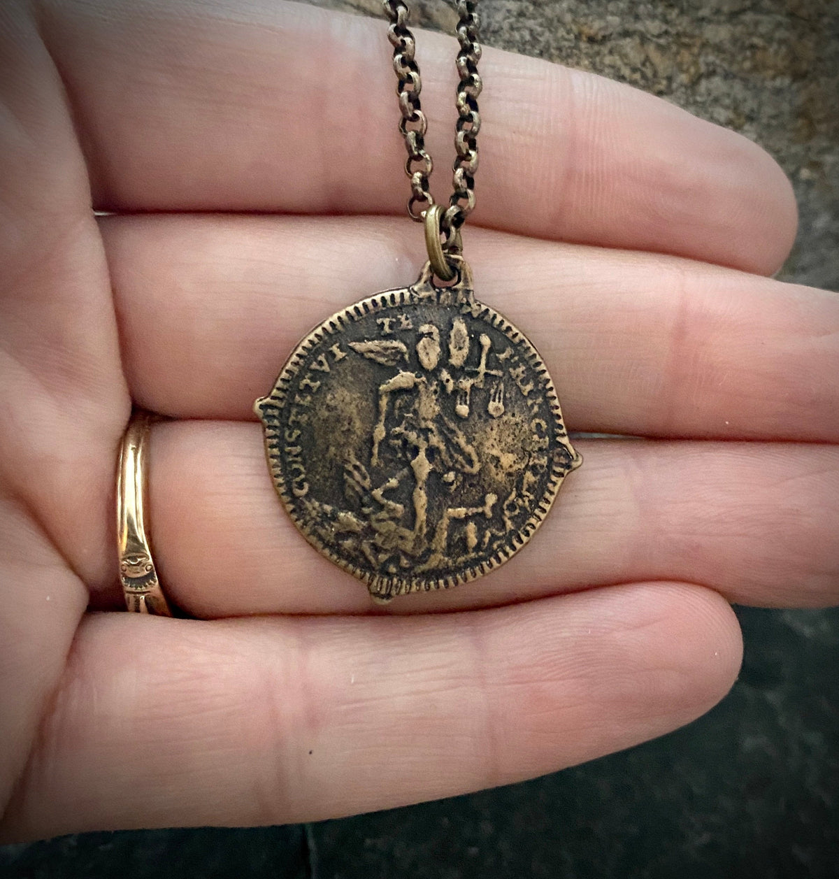 Men&#39;s Cross Necklace, Archangel St. Michael, Antiqued Brass and Bronze Unisex Jewelry, 20 or 24 Inch Chain, BR-026