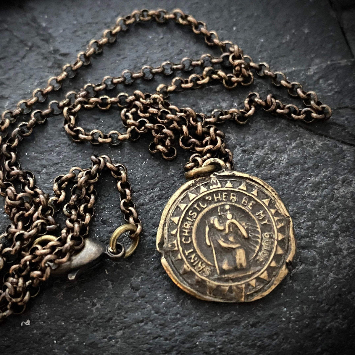 Men&#39;s Antiqued Brass Bronze Necklace with St. Christopher Medal, Unisex Necklace, Chain length 20 or 24 inches BR-035